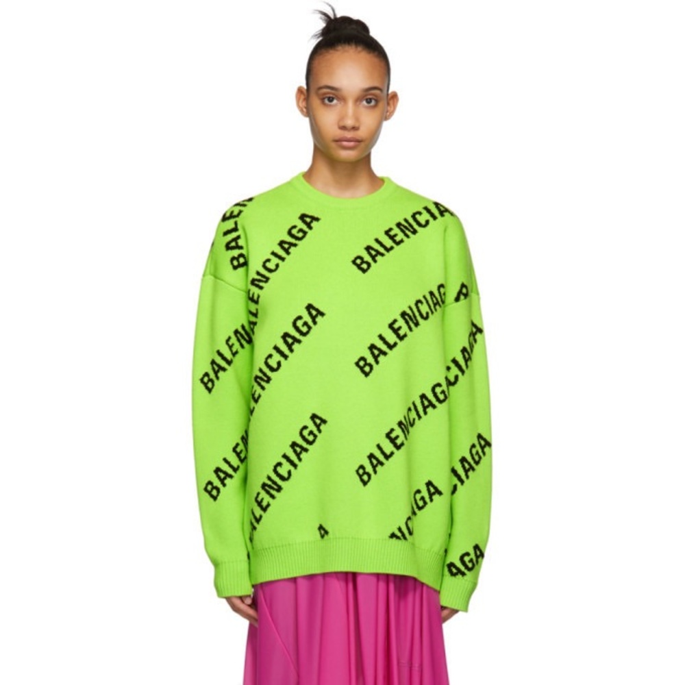 Balenciaga Green and Black Wool Allover Logo Sweater